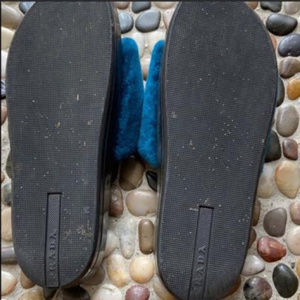 Prada Teal Navy Gray Plush Fur Slide Sandals - Picture 4 of 5